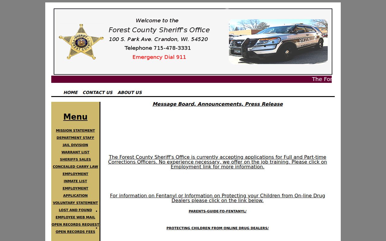Forest County arrest records on the Sheriff's department site