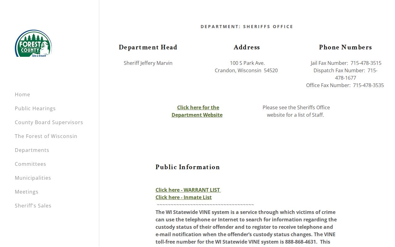 Forest County arrest history on the official Sheriff's Office page