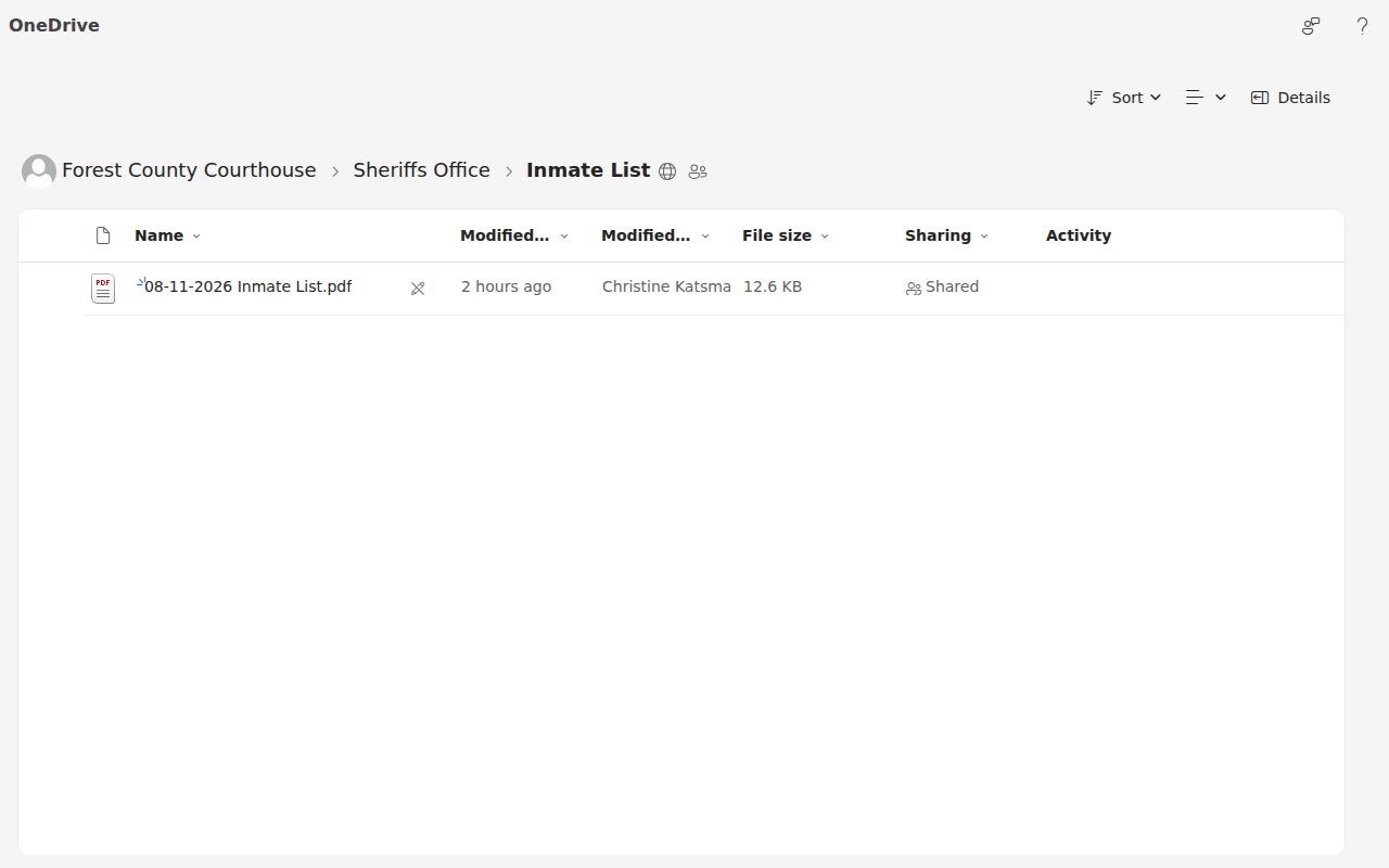 Forest County arrest roster in the official inmate list folder