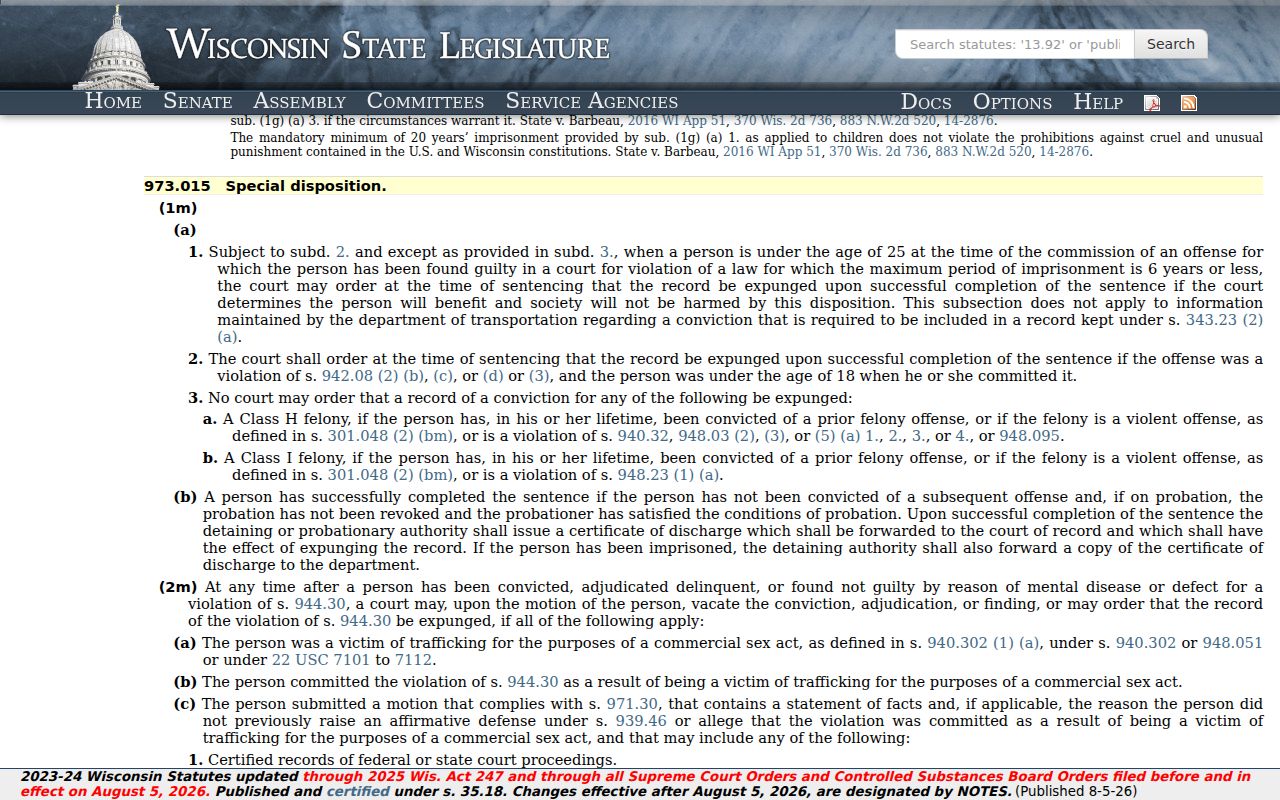 Wisconsin expungement statute for Forest County criminal court cases
