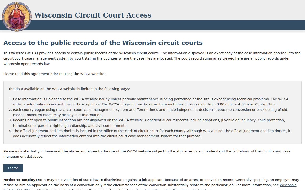 Forest County criminal court case search screen in WCCA