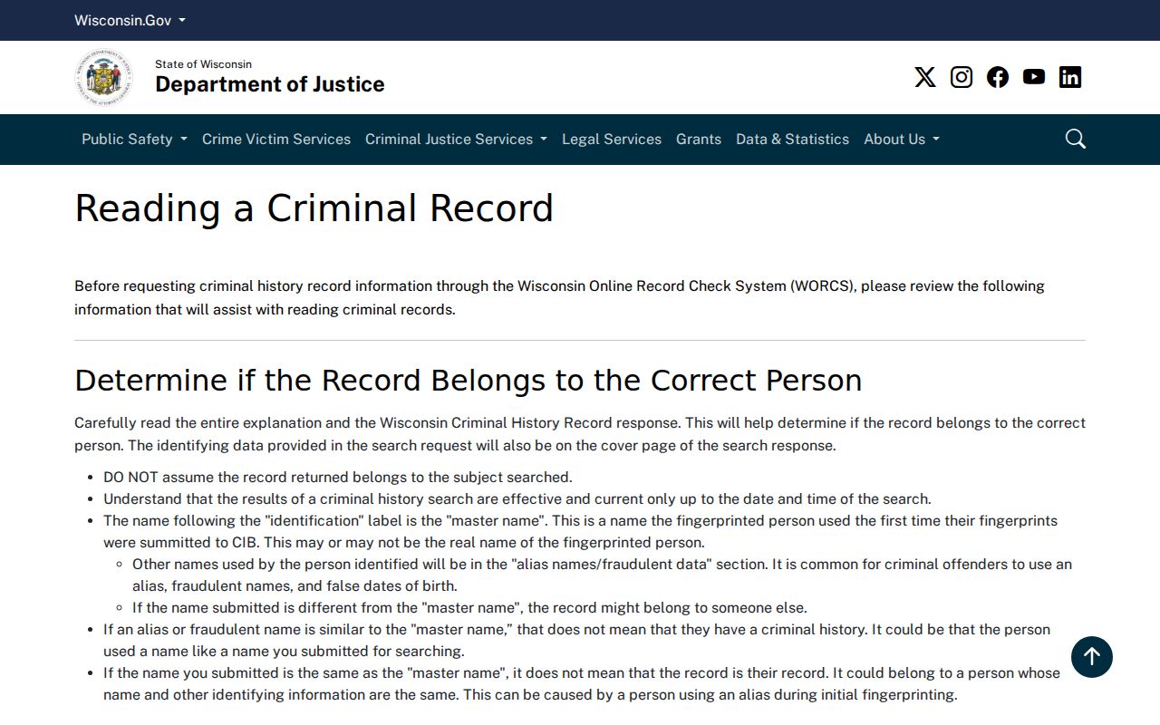 Forest County criminal history reading guide from Wisconsin DOJ